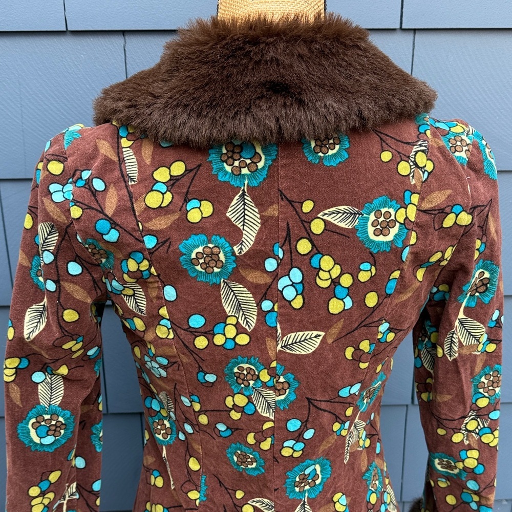 Vintage Sookie des L.A. Floral Brown Coat with Faux Fur Trim velvet - Picture 7 of 12